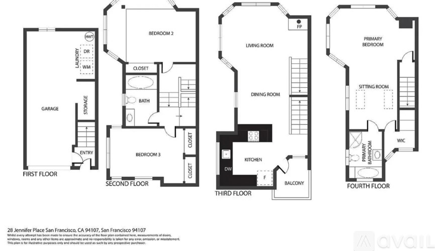 A floor plan of a four-story townhouse with three bedrooms and two bathrooms.