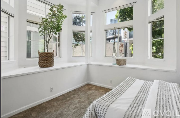 A room with a bed, a plant in a woven basket, and a window with a view of the city.