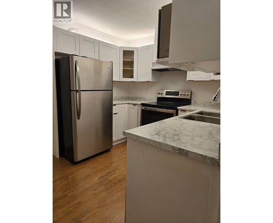 A kitchen with a refrigerator, oven, and sink.