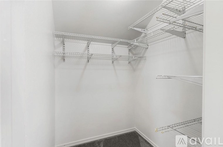 Empty white room with metal shelving unit.