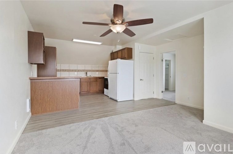 A spacious living room with a ceiling fan and a kitchen area in the background.
