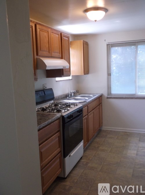 A kitchen with a stove, sink, and cabinets.