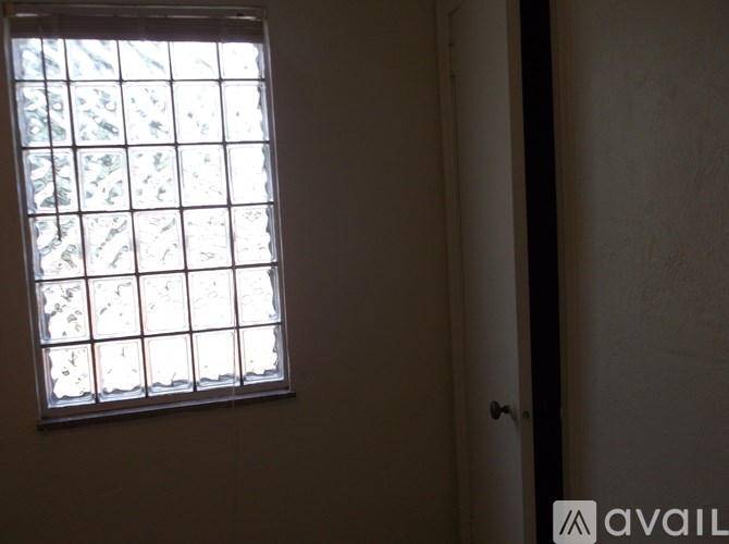 A window with a view of trees outside.