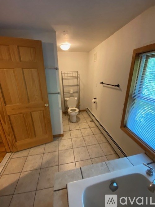 A bathroom with a toilet, sink, and wooden door.