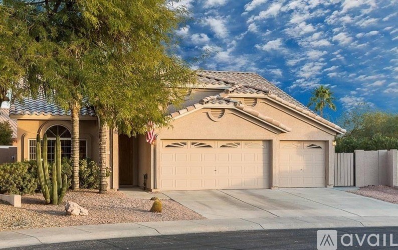 A house with a flag on the garage door.