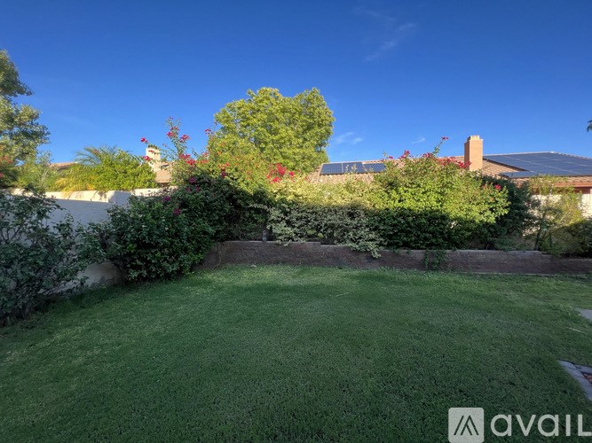 A backyard with a well-maintained lawn and a variety of plants and trees.