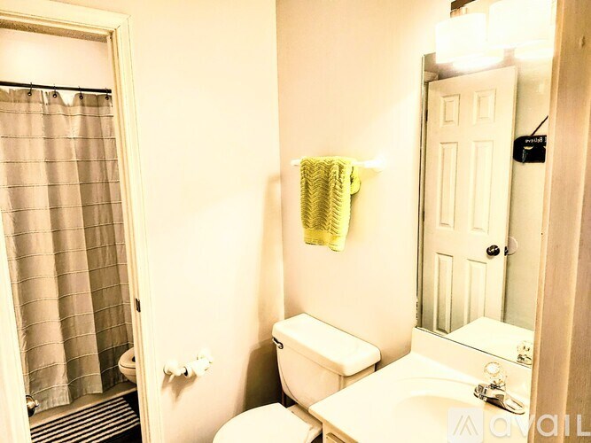 A bathroom with a toilet, sink, and shower.