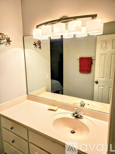 A bathroom with a white sink and a mirror above it.