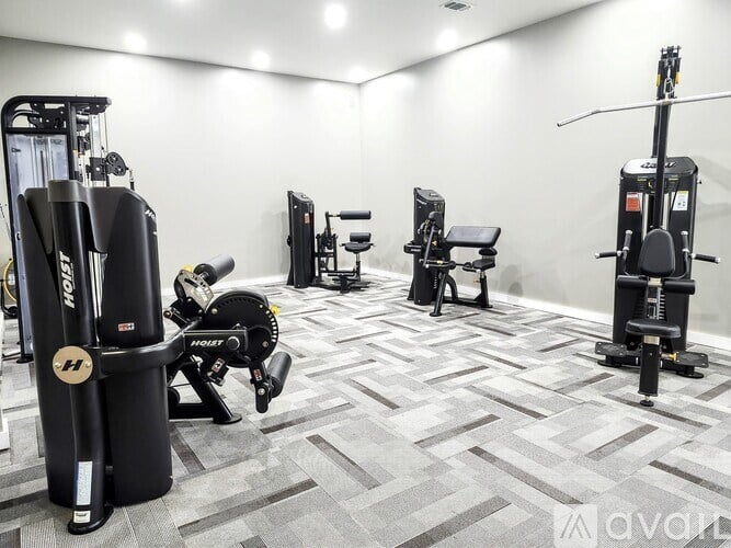 A gym with a variety of equipment including a squat rack, a leg press machine, and a bench press.