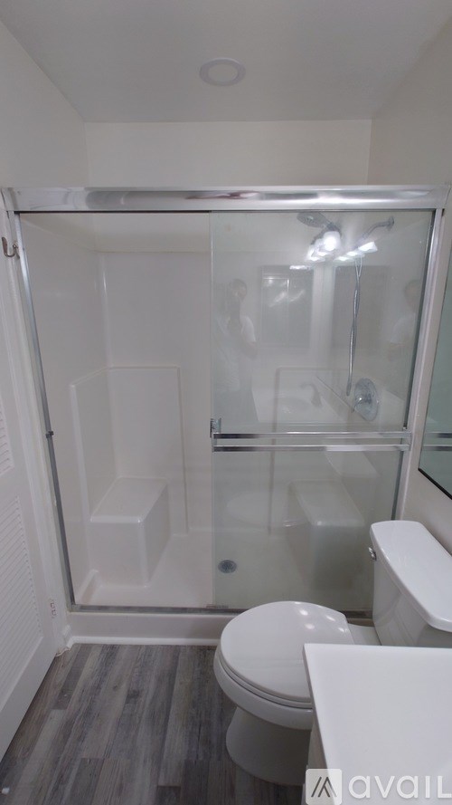 A white toilet sits next to a walk-in shower.
