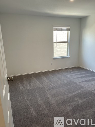 A room with a carpeted floor and a window.