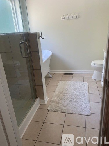 A bathroom with a glass shower door and a white rug on the floor.