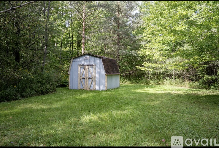 A small, old shed sits in a grassy field with trees in the background.