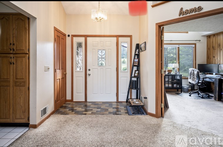 A home interior with a carpeted floor, wooden doors, and a ladder.