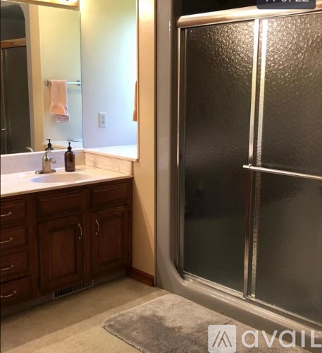 A bathroom with a sink, mirror, and a glass door shower.