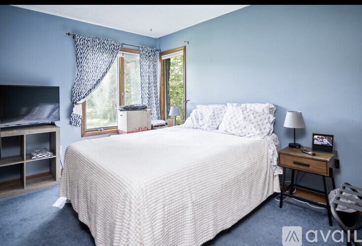 A bedroom with a large bed and a television.