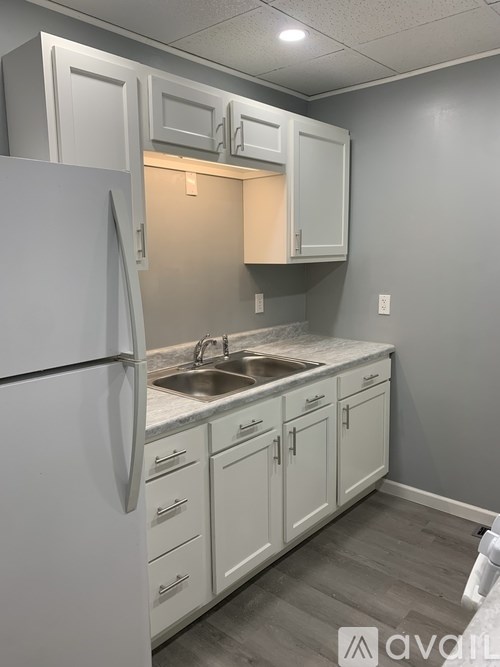 A kitchen with a white refrigerator and cabinets.