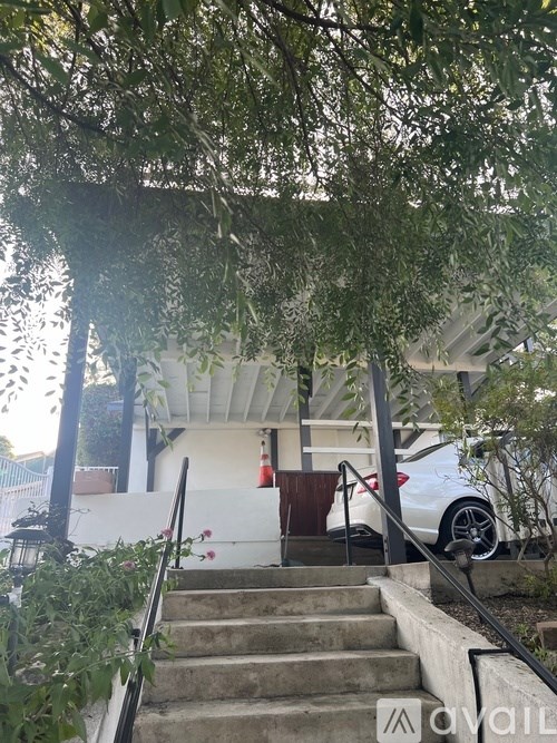 A white car is parked on a driveway under a tree.