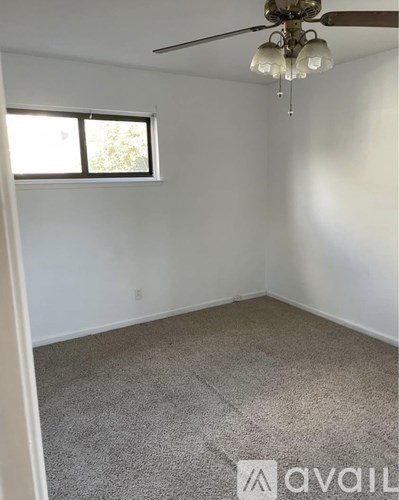 A room with a carpeted floor, a ceiling fan, and a window.