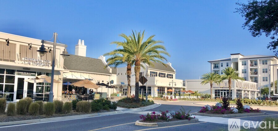 A sunny day at the Avail shopping center with palm trees and a clear blue sky.