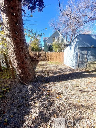 A tree with a house in the background.