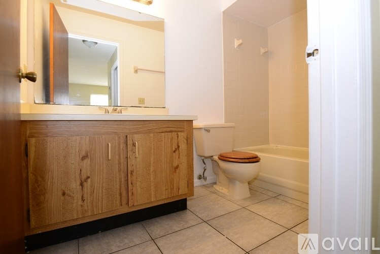 A bathroom with a wooden cabinet and a toilet.