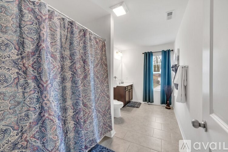 A bathroom with a shower curtain and a toilet.