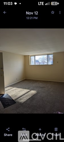 A room with a window and a carpeted floor.