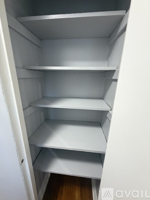 Empty white shelves in a pantry.