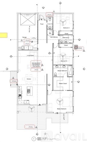 A floor plan of a house with a kitchen, living room, and multiple bathrooms.