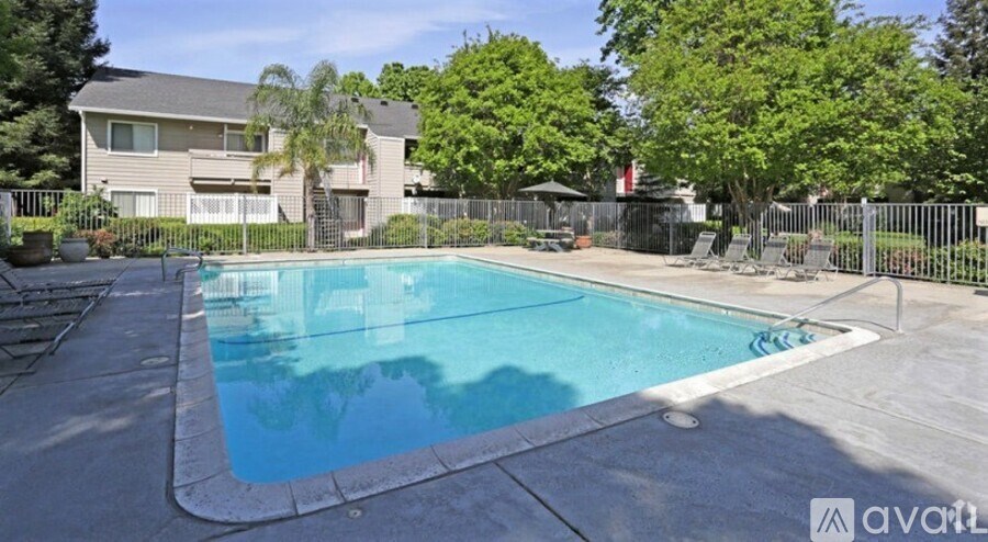 A swimming pool surrounded by a concrete patio and a black fence.