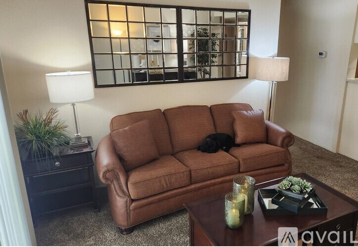 A black cat is lying on a brown leather couch.