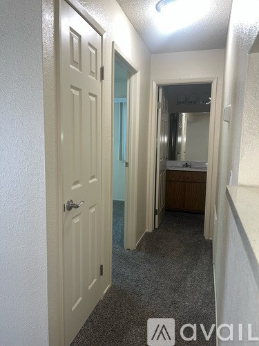 A hallway with a door on the left and a mirror on the right.