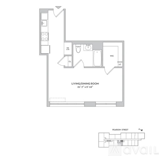 A floor plan of a living/dining room sits next to a smaller inset plan.