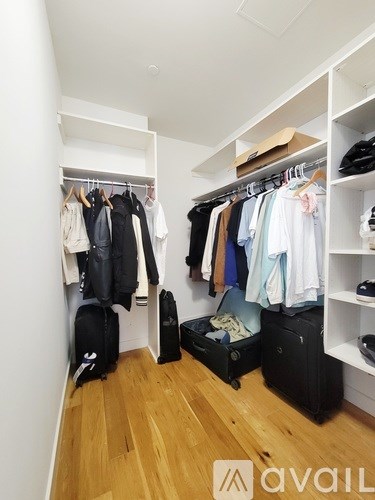 A white closet with clothes and luggage.
