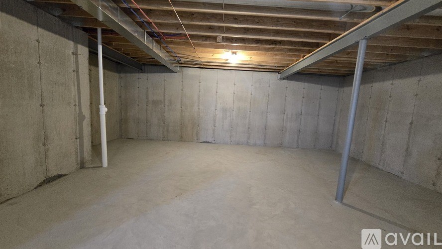 A spacious basement with concrete walls and ceiling, and a single light fixture on the ceiling.