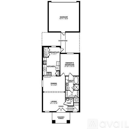 A floor plan of a house with a garage, two bedrooms, a living room, a dining room, a kitchen, a bathroom, and a covered porch.