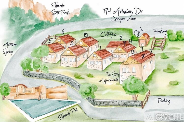 A drawing of a resort with cabins numbered 1 to 12.