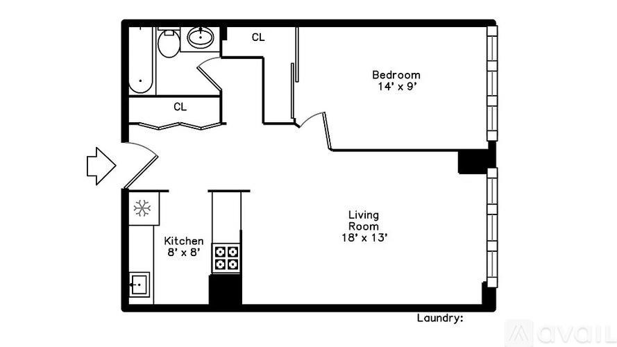 A floor plan of a small apartment with a bedroom, living room, kitchen, and laundry area.