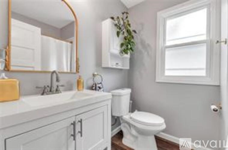A bathroom with a white toilet and a white sink with a gold soap dish.