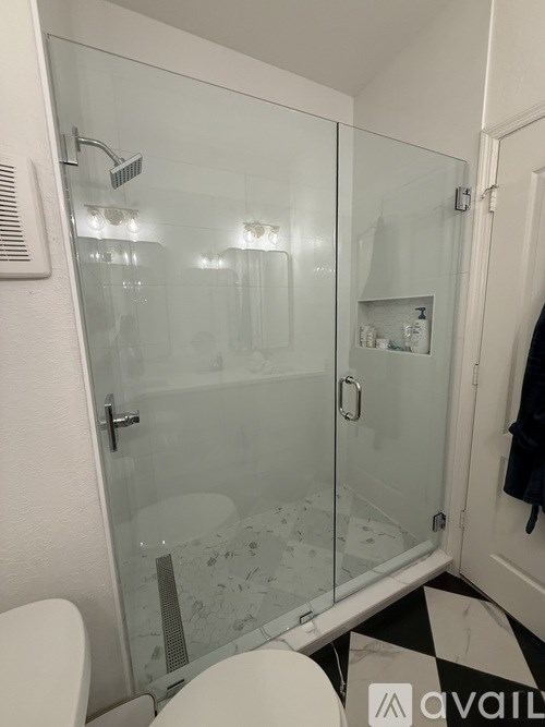 A white toilet sits in a glass shower stall.