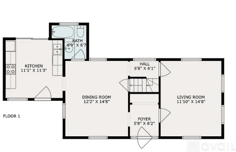 A floor plan of a house with a kitchen, living room, dining room, bathroom, and hallway.