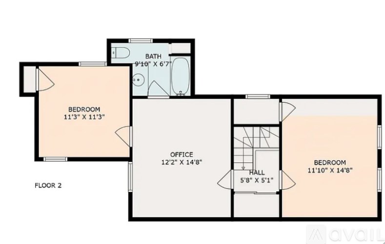 A floor plan of a two-story house with a bathroom, two bedrooms, an office, and a hallway.