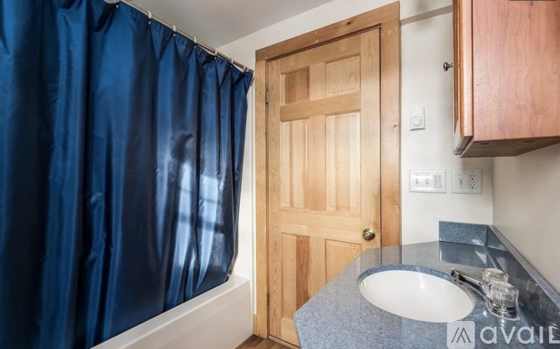 A bathroom with a sink, wooden door, and blue shower curtain.
