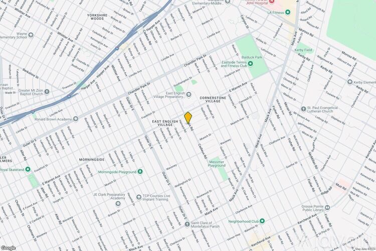 A map of a city with streets and buildings.