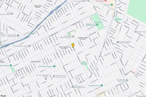 A map of a city with streets and buildings.