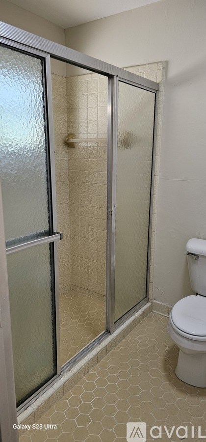 A bathroom with a toilet and a walk-in shower.