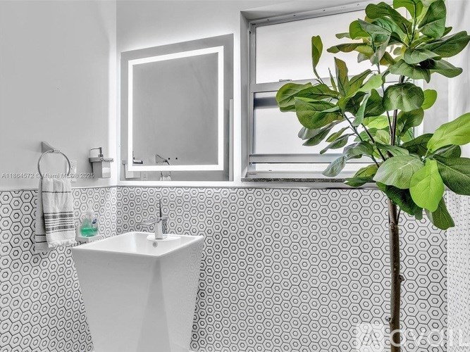 A white sink in a bathroom with a green plant.