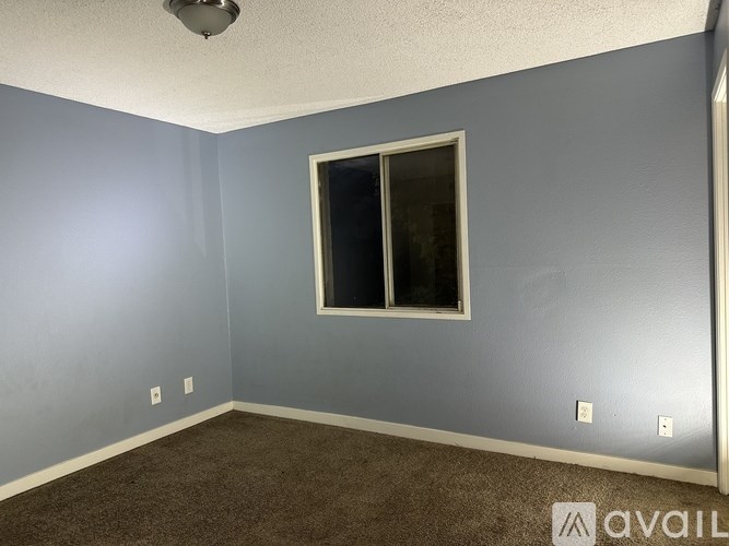 A room with a window and a carpeted floor.