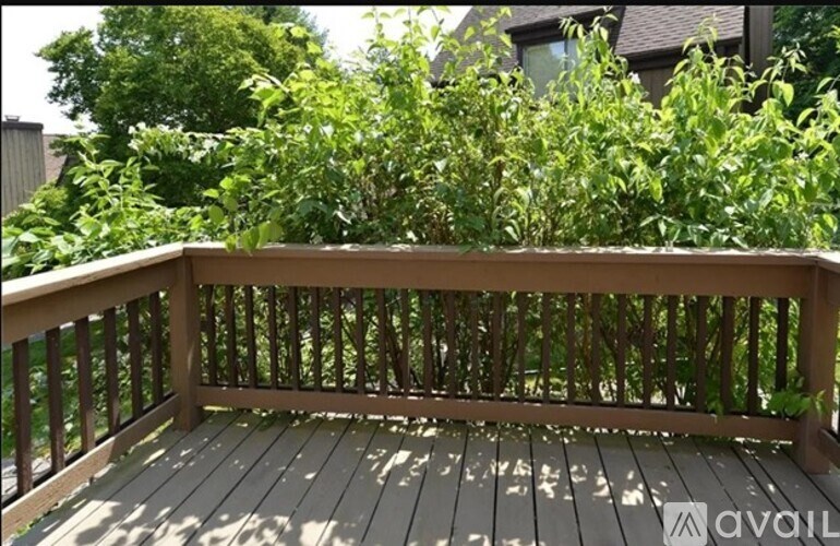 A wooden deck with a railing and trees in the background.
